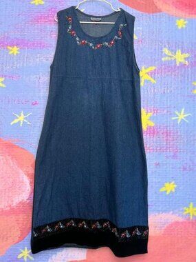 Vintage 90s Y2K Jane Ashley Beaded Embroidered Velvet Denim Dress Cottagecore